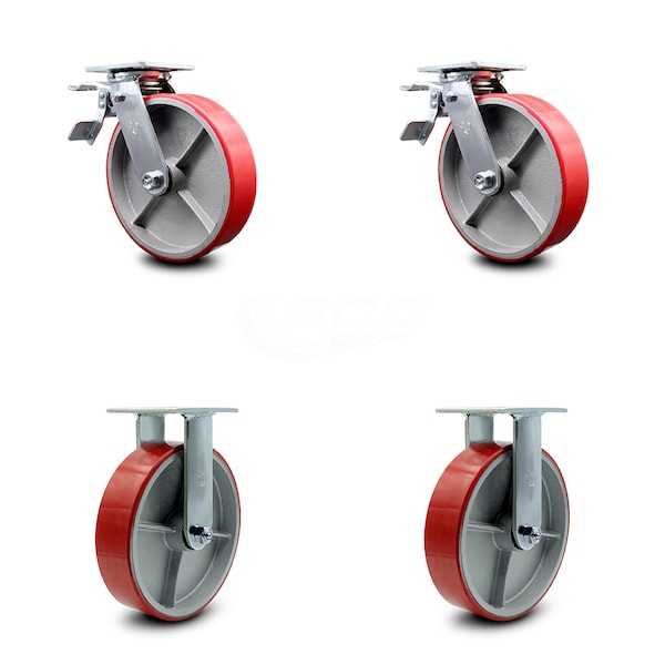 8 Inch Red Poly on Cast Iron Caster Set with Roller Bearings 2 Brakes 2 Rigid